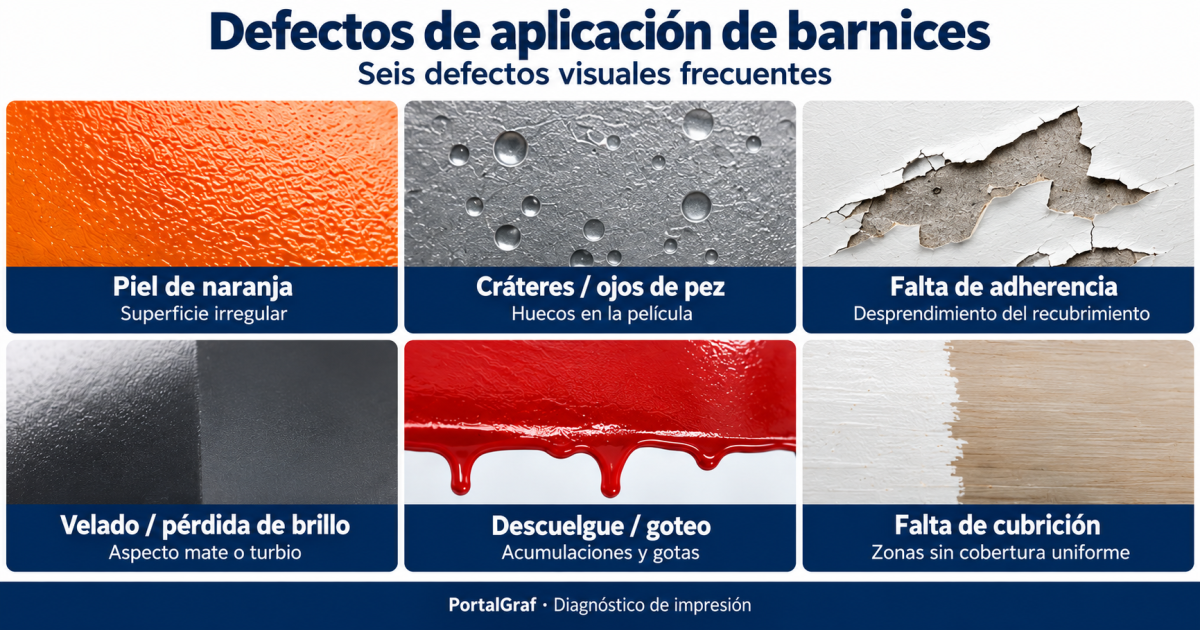 Diagnóstico rápido de defectos de barnizado Infografía sobre defectos de aplicación de barnices con diagnóstico rápido de piel de naranja, cráteres, falta de adherencia, velado, descuelgue y falta de cubrición.