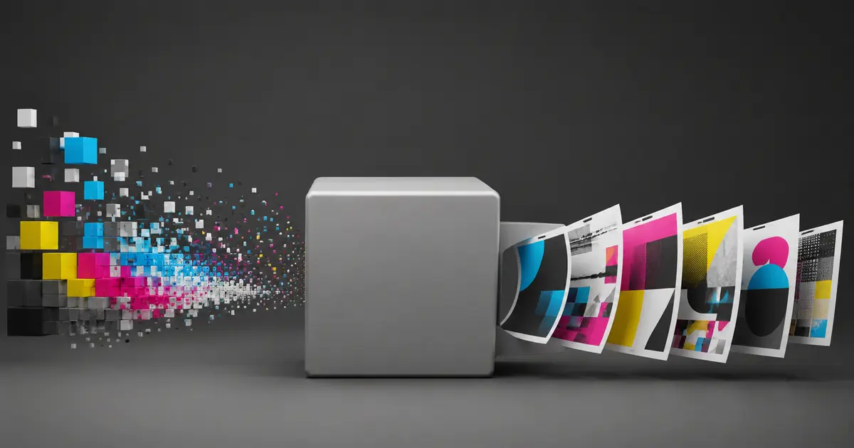 Representación conceptual de datos CMYK procesados por un sistema digital y convertidos en impresos diferentes