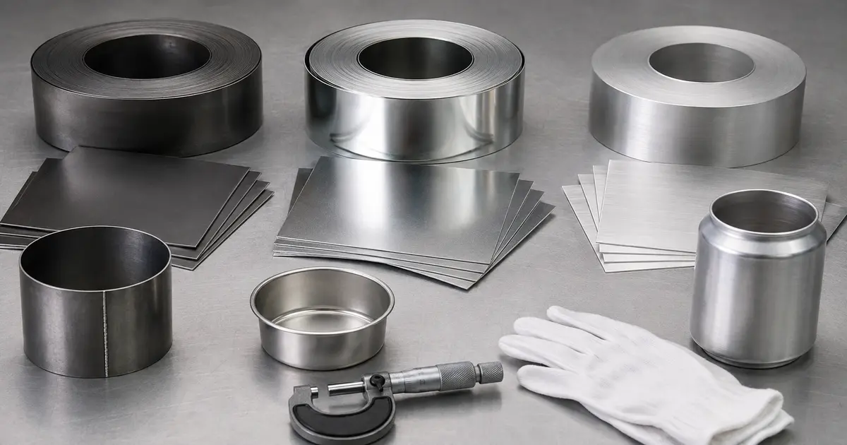 Muestras de acero, hojalata y aluminio junto a piezas conformadas y un micrómetro