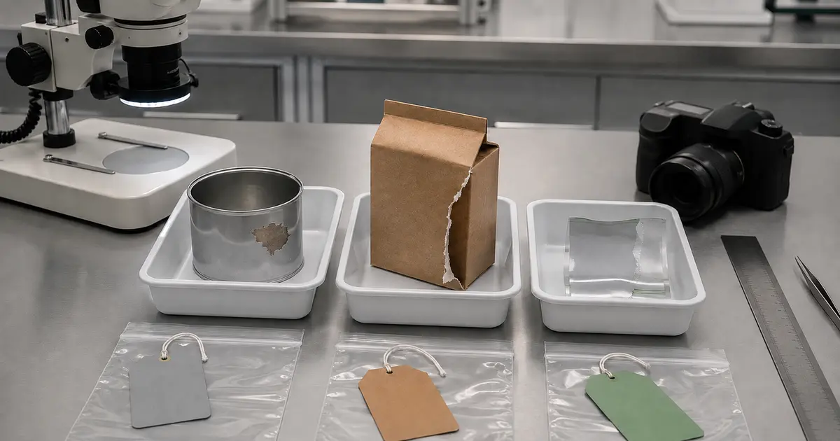 Mesa de laboratorio con un envase metálico, una caja y un laminado etiquetados como muestras, junto a una cámara y un microscopio