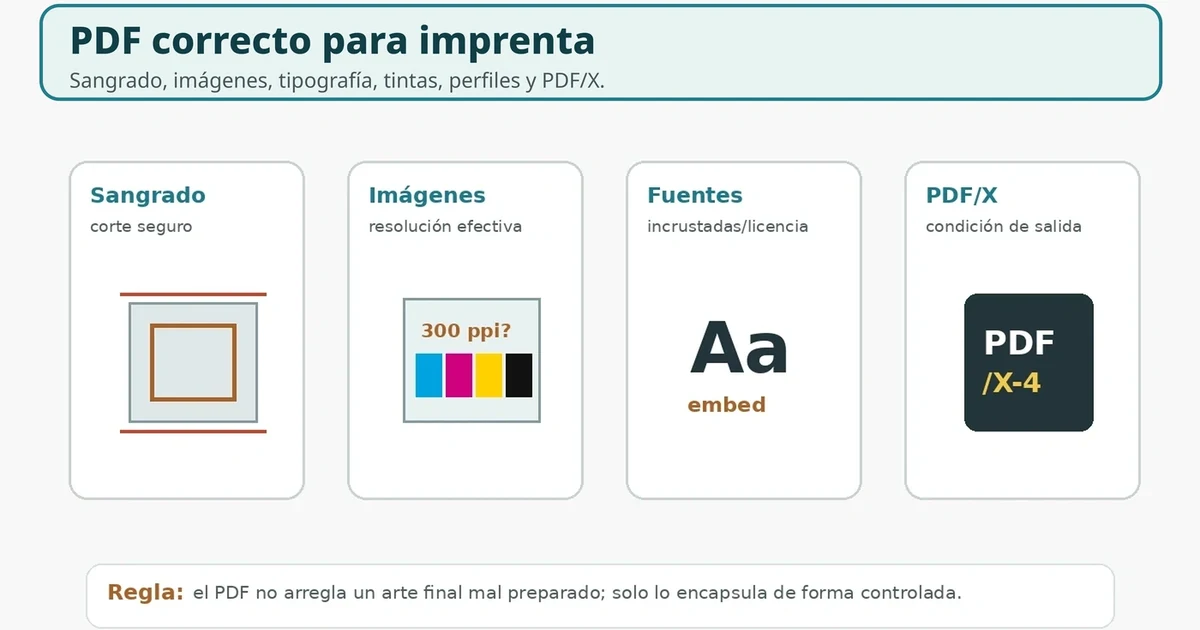 PDF correcto para imprenta con sangrado, imágenes, fuentes, tintas y PDF/X