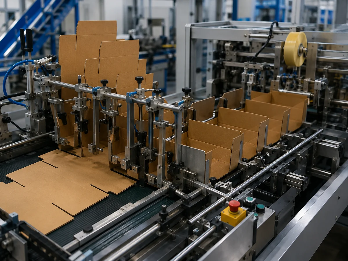 Plegadora pegadora industrial con desarrollos de cartón pasando por guías y cintas