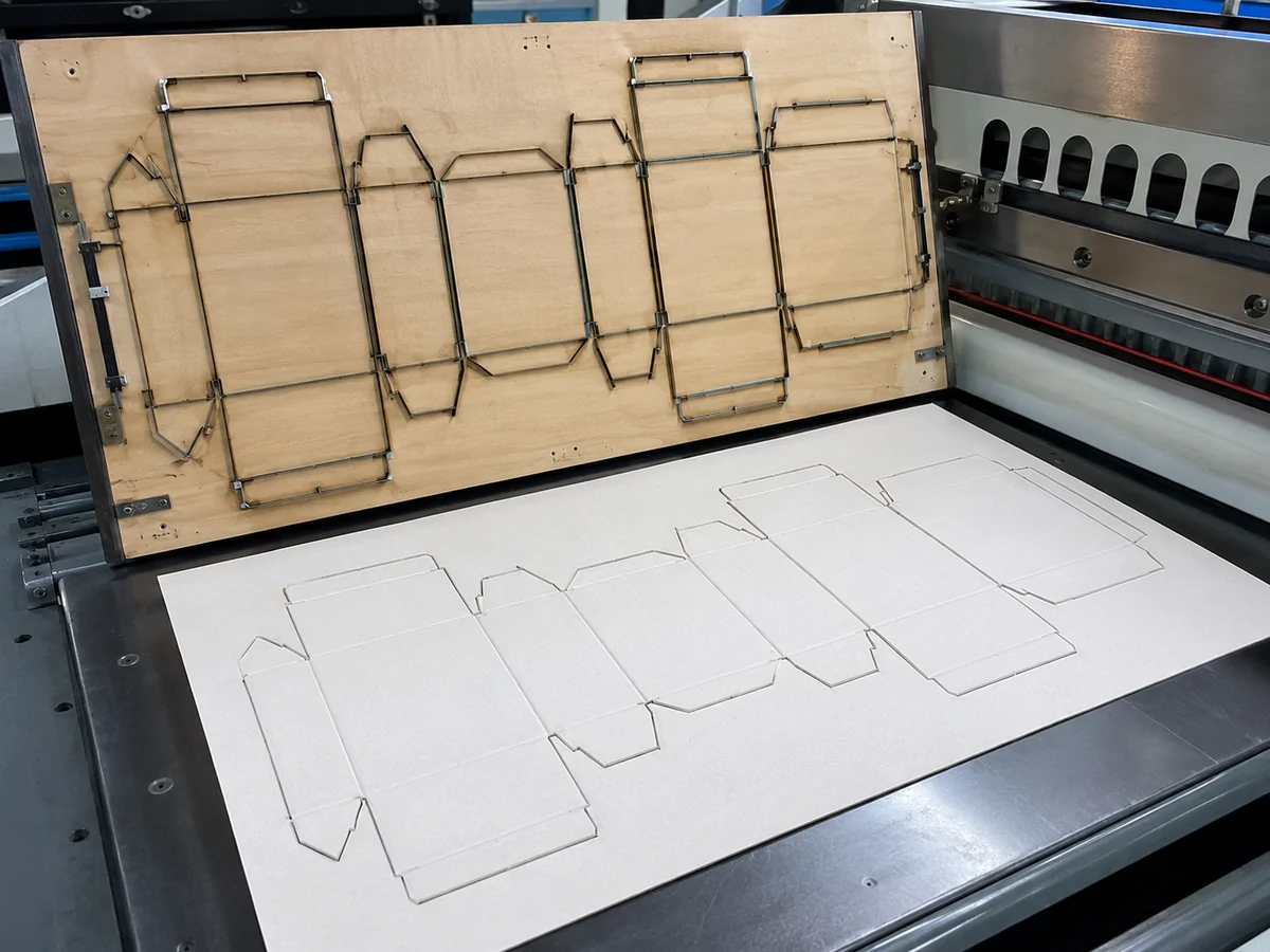 Forma troqueladora y desarrollo plano de una caja de cartón