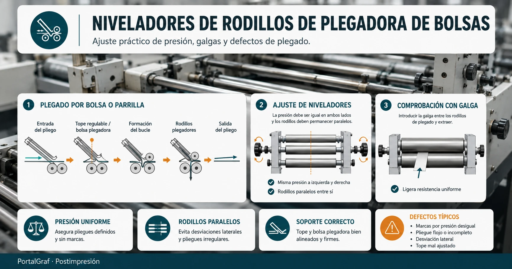 Regulación de niveladores de rodillos en plegadora de bolsas