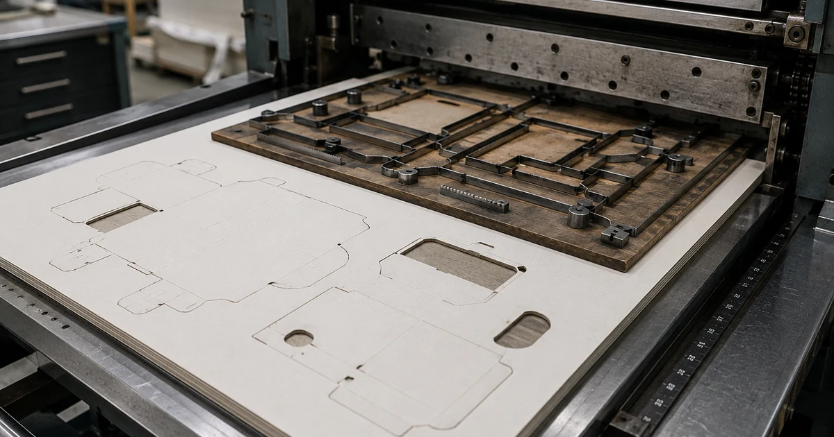Forma troqueladora y pliego troquelado sobre una máquina de postimpresión