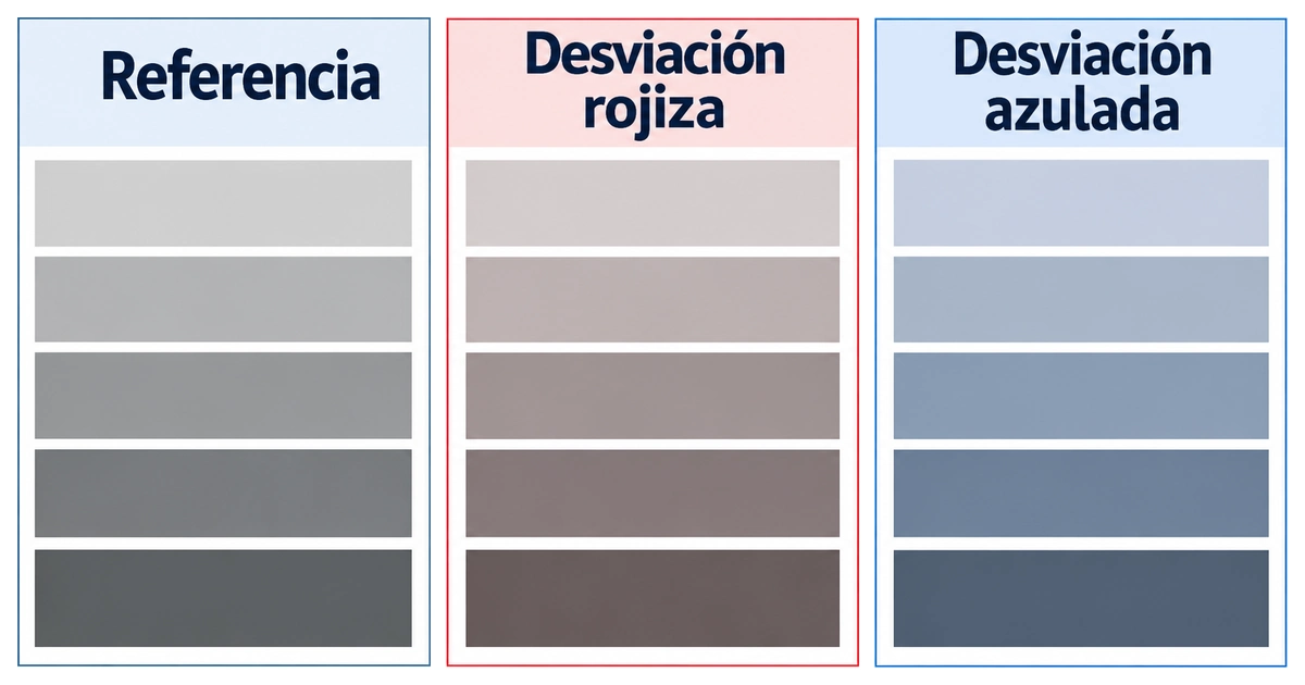Comparación conceptual de tres escalas de grises: referencia neutra, desviación rojiza y desviación azulada