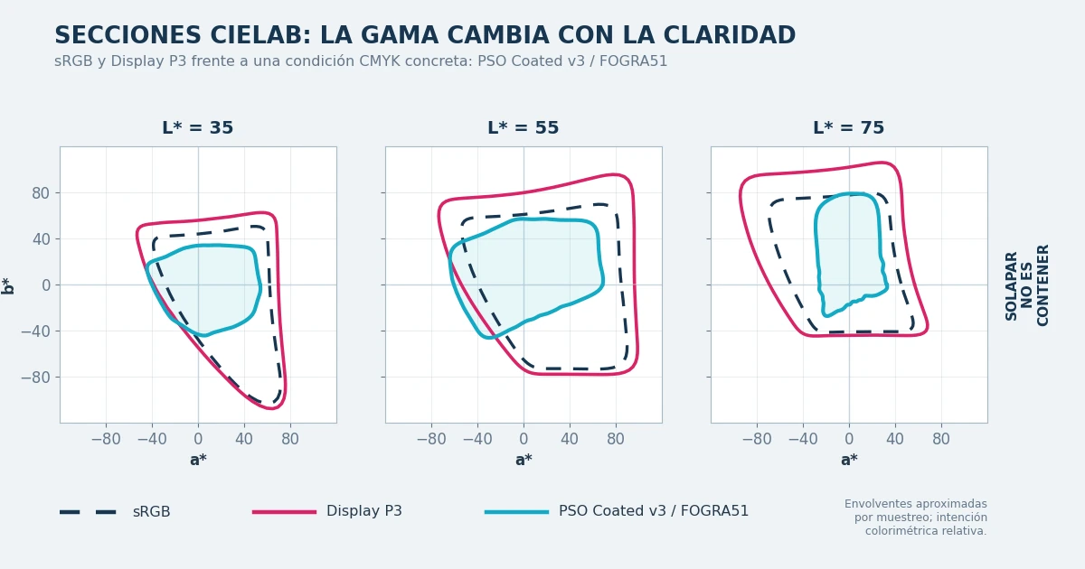 Secciones CIELAB a tres niveles de claridad que comparan sRGB, Display P3 y PSO Coated v3 basado en FOGRA51