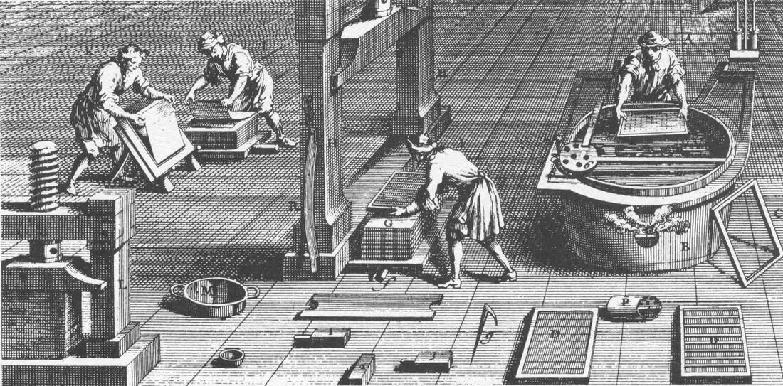 Grabado histórico que muestra varias fases de fabricación manual del papel en un taller.