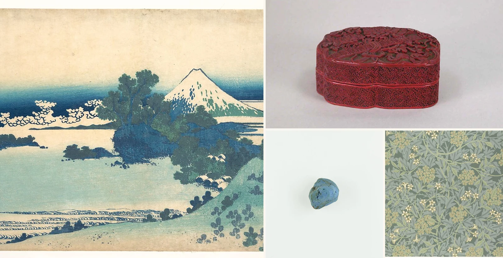 Composición editorial de cuatro piezas históricas: una xilografía de Hokusai, una caja de laca de cinabrio, una muestra de azul egipcio y un papel pintado de William Morris