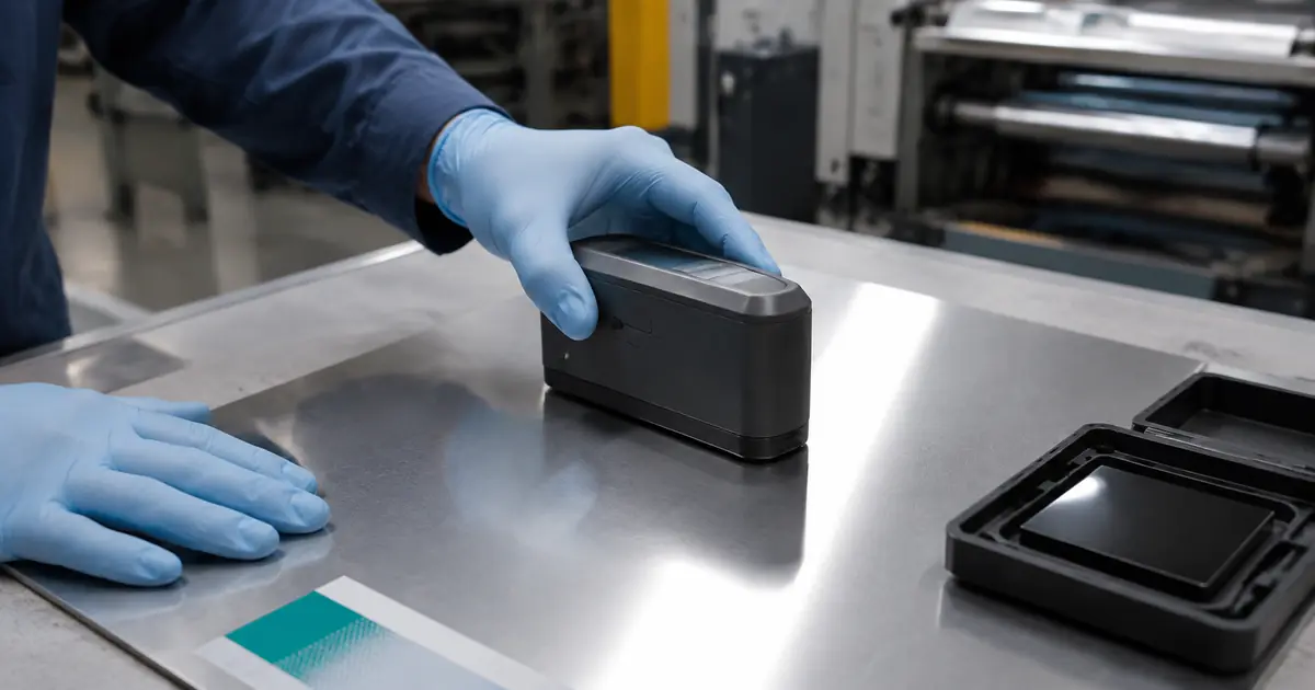Técnica midiendo con un brillómetro el acabado de una hoja metálica barnizada sobre una mesa de control