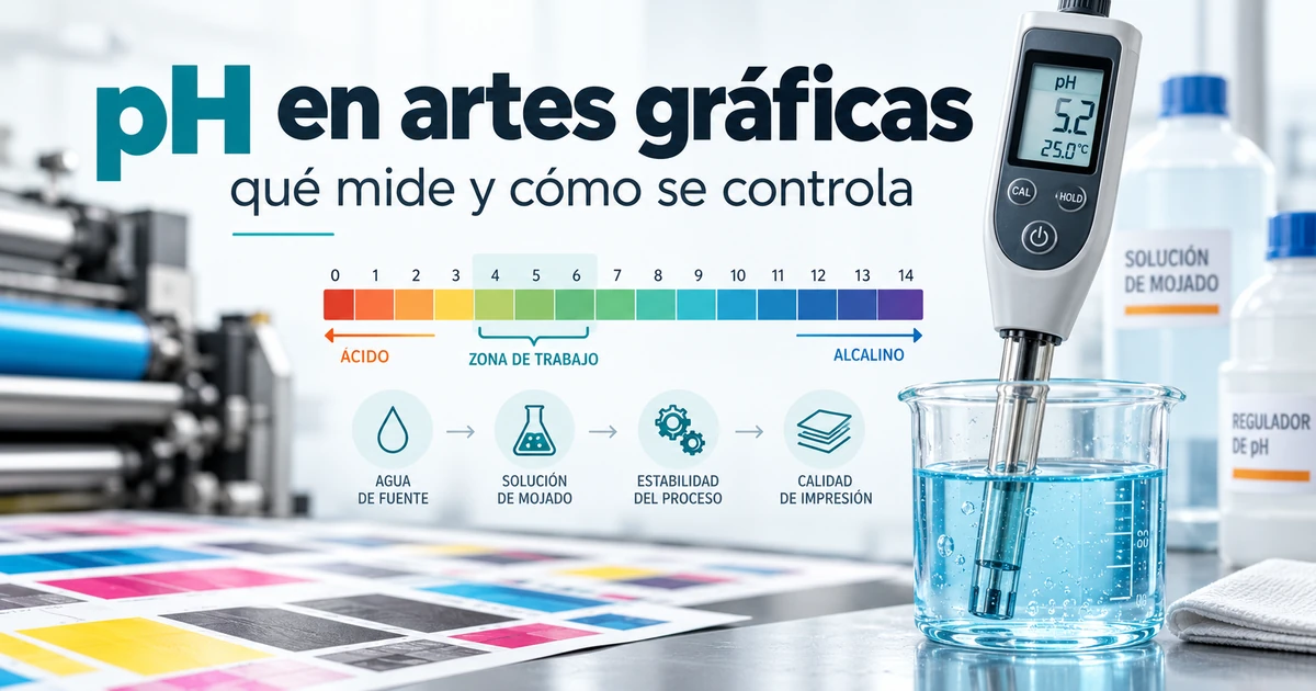 Ilustración sobre el pH en artes gráficas con medidor digital, escala de pH y solución de mojado.