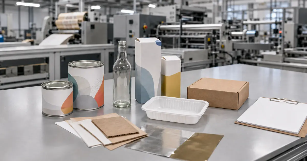 Diversos envases y materiales sobre una mesa de control en una planta de impresión y conversión