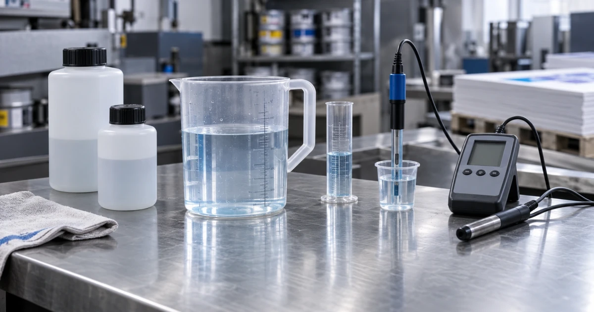 Preparación y control de la solución de mojado en una mesa de trabajo con recipientes de medición y medidores