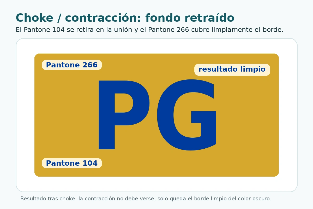 Motivo PG con choke: el Pantone 104 se retrae y el Pantone 266 conserva el borde visible