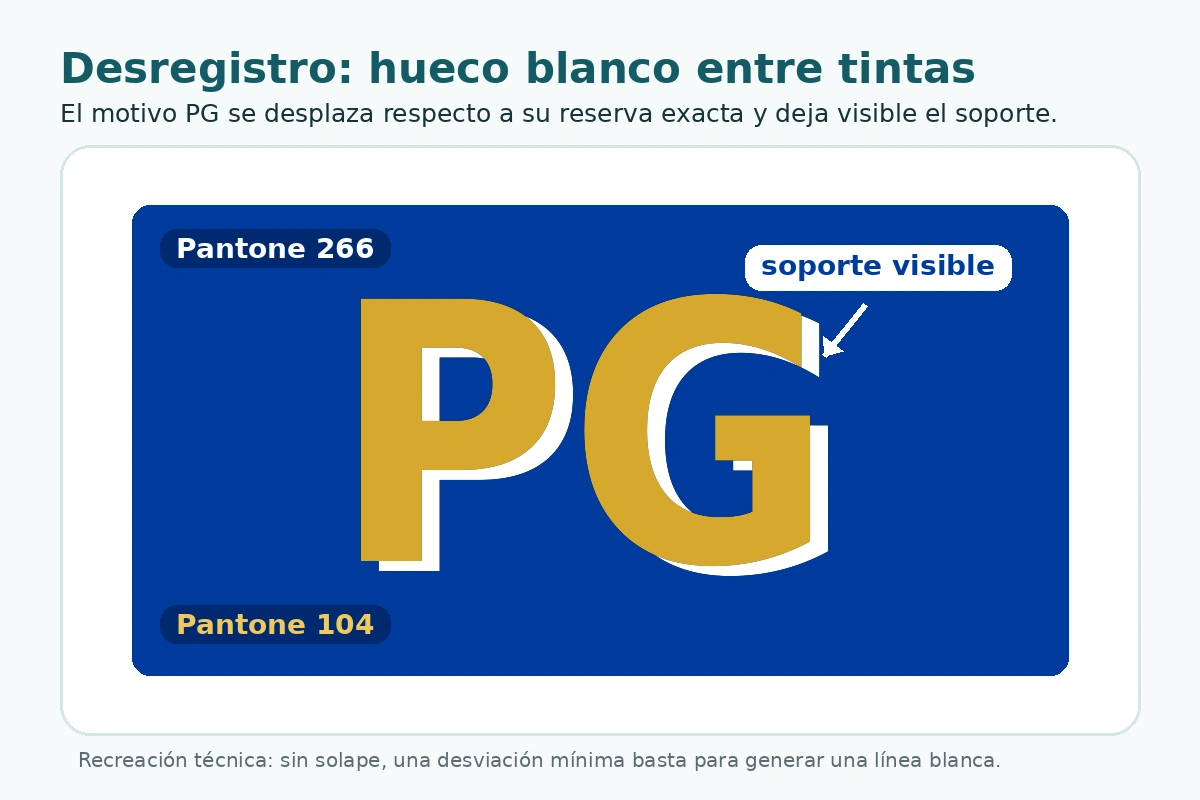 Diagrama con motivo PG desplazado respecto a su reserva exacta, dejando visible una línea blanca del soporte
