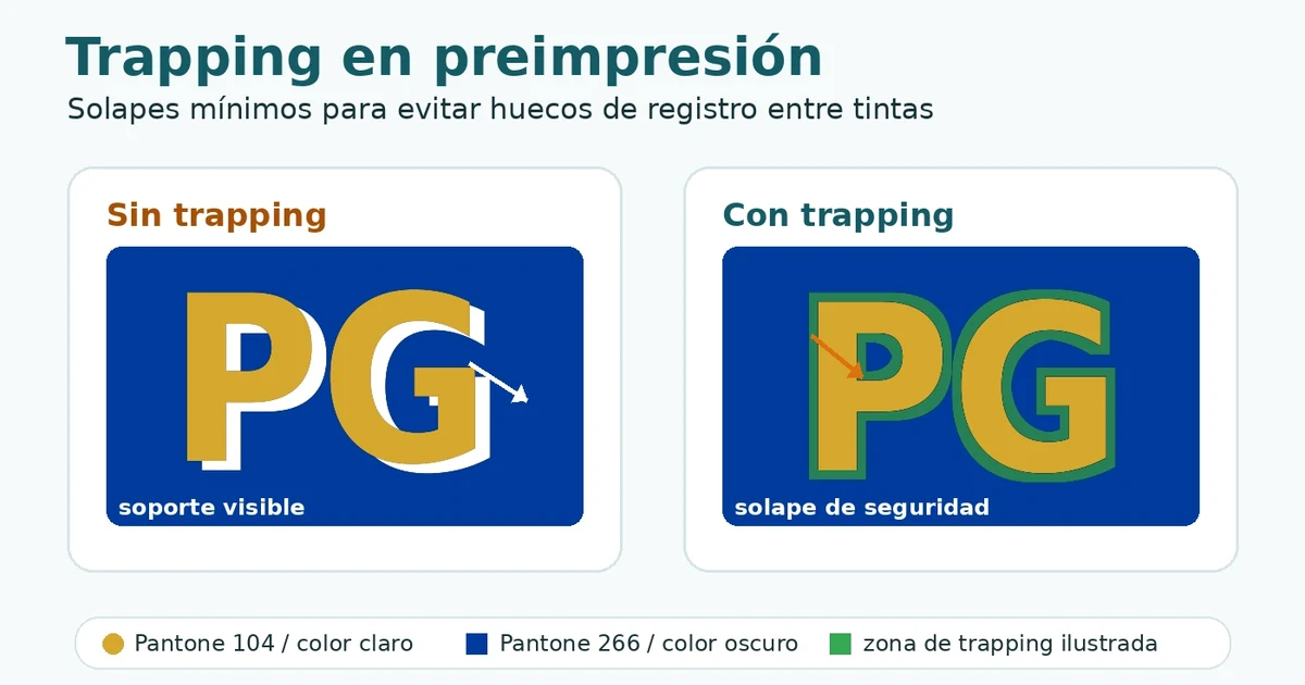 Esquema técnico de trapping en preimpresión con motivo PG: comparación entre desregistro sin solape y solape controlado entre Pantone 104 y Pantone 266