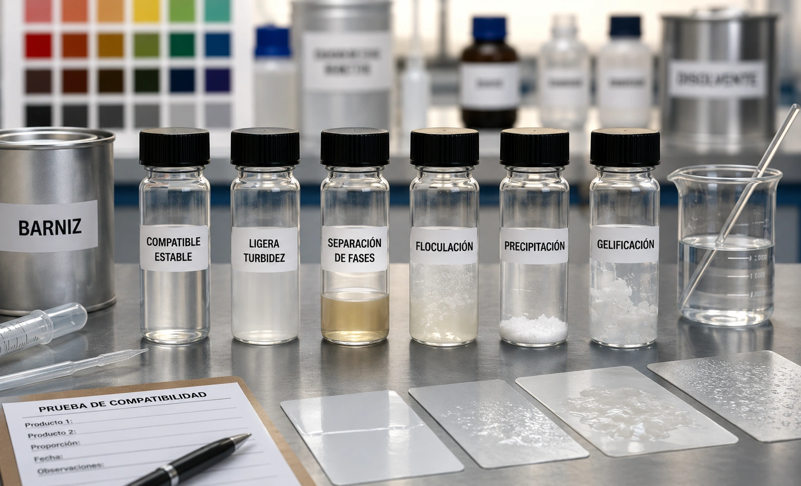 Prueba de compatibilidad entre barniz, base colorante y disolventes en laboratorio