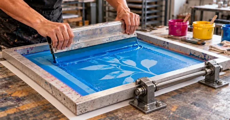 Ilustración de una pantalla de serigrafía con tinta azul, rasqueta y mecanismo basculante.