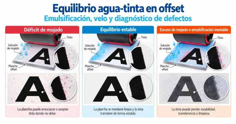 Equilibrio agua-tinta en offset: déficit de mojado, equilibrio estable y exceso de mojado o emulsificación inestable