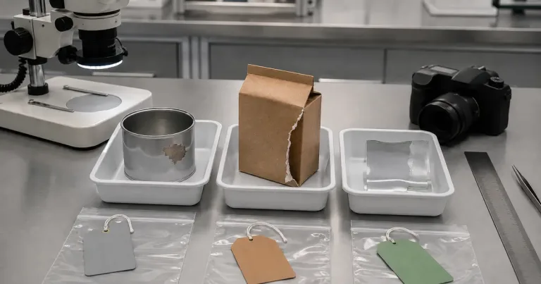 Investigación forense-industrial de fallos en envases Mesa de laboratorio con un envase metálico, una caja y un laminado etiquetados como muestras, junto a una cámara y un microscopio
