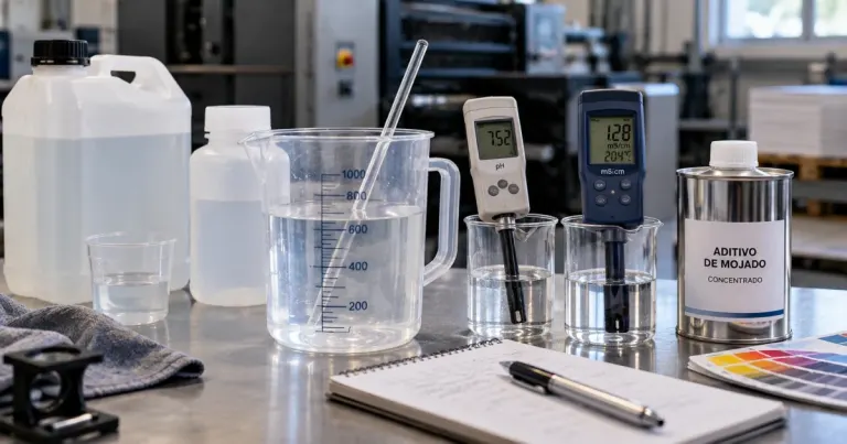 Preparación y control de una solución de mojado con instrumentos de medición y aditivo concentrado