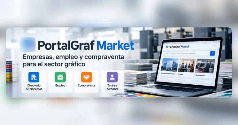 Presentación de PortalGraf Market con sus áreas de empresas, empleo, compraventa y espacio personal