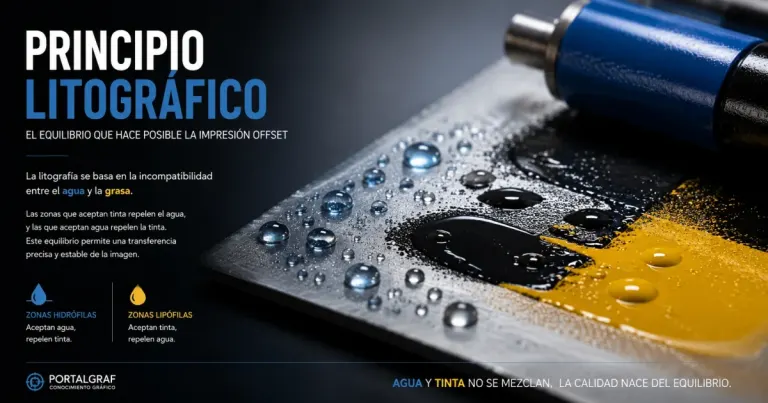 Representación conceptual del equilibrio entre agua y tinta en el principio litográfico