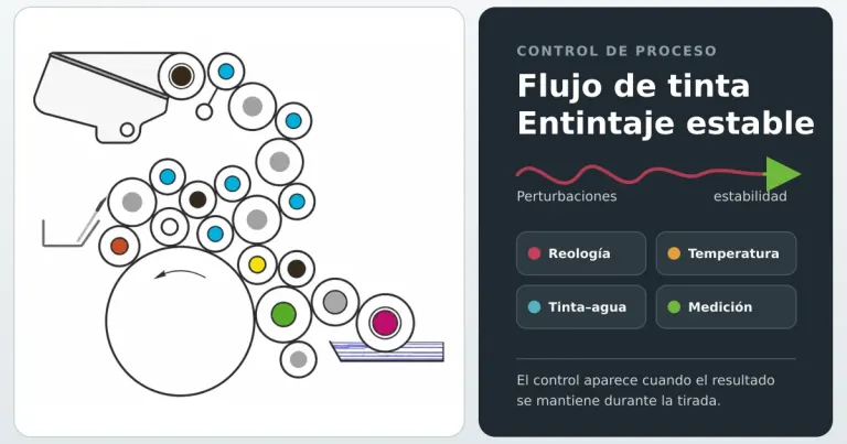 Flujo de tinta y estabilidad del entintaje offset Esquema de referencia de una batería de entintado y mojado offset junto a las variables de estabilidad del proceso