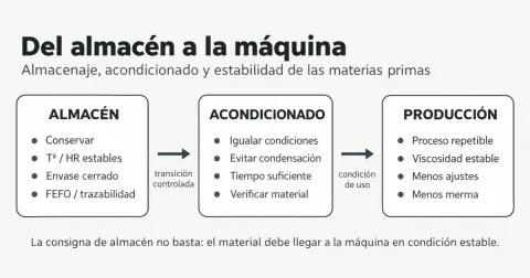 Esquema del flujo entre almacén, acondicionamiento y producción de materias primas