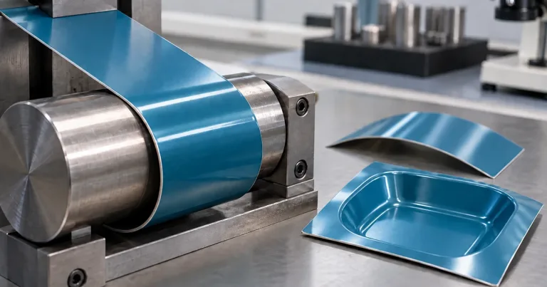 Chapa metalgráfica barnizada sometida a plegado y conformado para evaluar la flexibilidad del recubrimiento