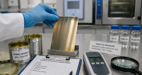 Control de barniz en una lámina metálica para envases alimentarios ante exigencias europeas sobre BPA y PFAS