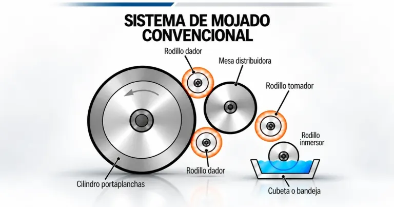 Esquema del sistema convencional de mojado offset con rodillo inmersor, tomador, mesa distribuidora y dos rodillos dadores sobre el cilindro portaplanchas
