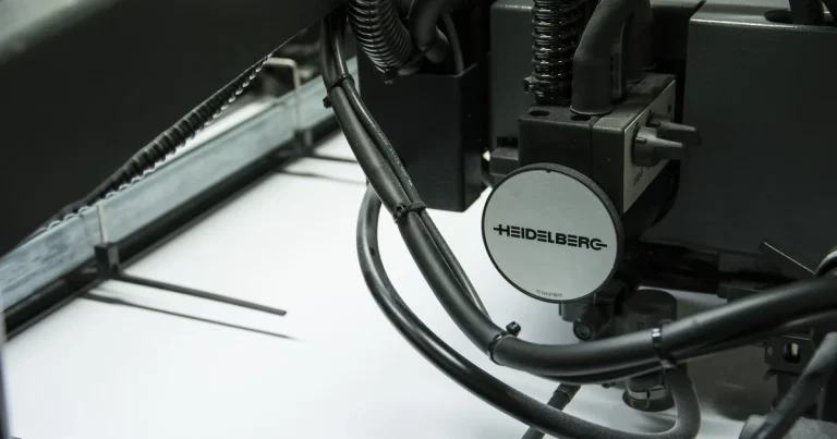 Máquina de impresión moderna Heidelberg trabajando sobre papel en una instalación gráfica.