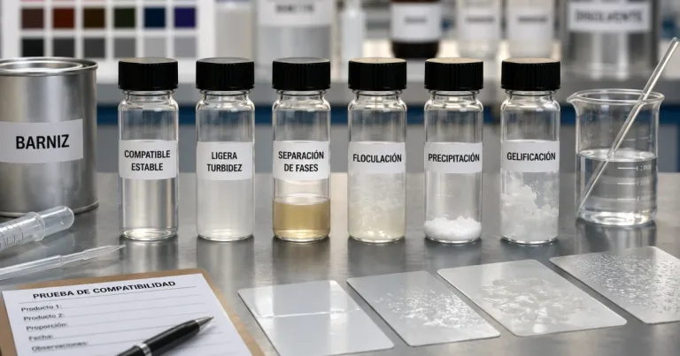 Prueba de compatibilidad entre barniz, base colorante y disolventes en laboratorio
