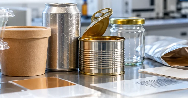 Diferentes envases alimentarios de metal, vidrio, papel y material flexible sobre una mesa de laboratorio
