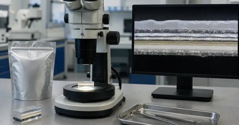 Envase flexible junto a una muestra seccionada bajo un microscopio y una ampliación de sus capas en una pantalla de laboratorio