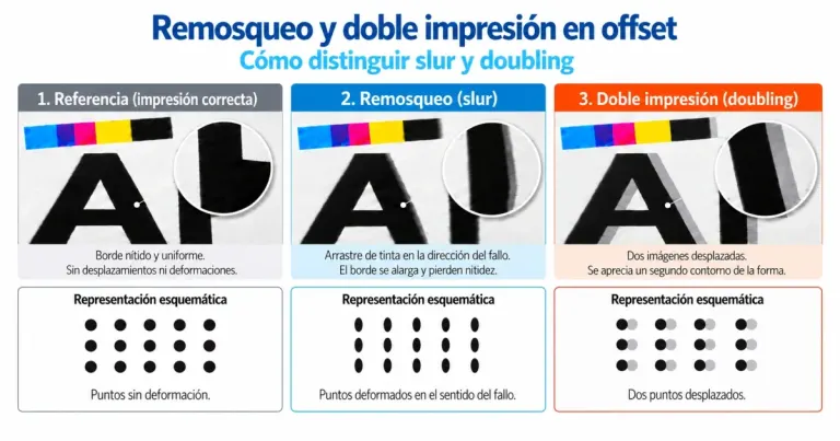 Esquema conceptual de punto normal, remosqueo slur y doble impresión doubling en offset