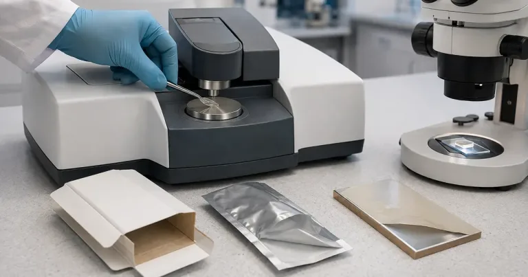 Identificación analítica de resinas en envases terminados Técnico depositando una muestra de polímero en un espectrómetro FTIR junto a muestras de cartón, film y metal recubierto