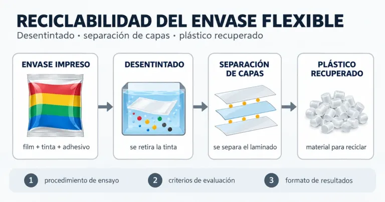 Esquema del reciclaje de un envase flexible mediante desentintado y separación de capas