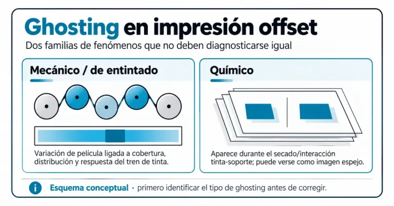 Esquema conceptual que diferencia ghosting mecánico de entintado y ghosting químico en impresión offset